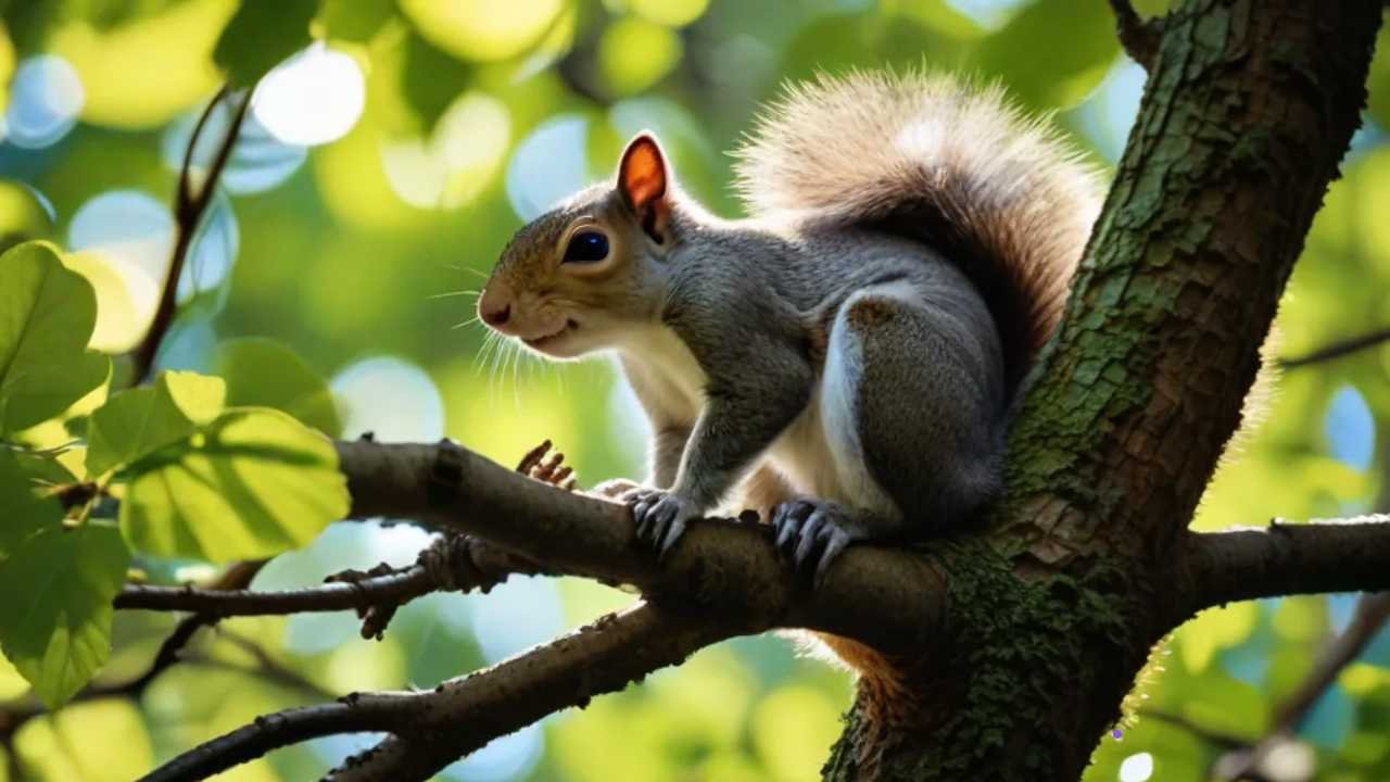 A curious gray squirrel peeks down from a branch, holding an acorn in its paws