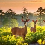 A group of deers in Meshomasic State Forest (East Hampton) at sunrise in Connecticut during hunting