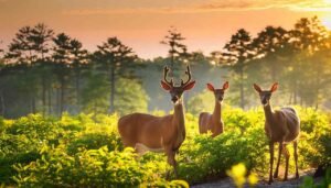 A group of deers in Meshomasic State Forest (East Hampton) at sunrise in Connecticut during hunting