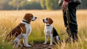 A hunter beside a beagle dog pointing at a rabbit in tall grass