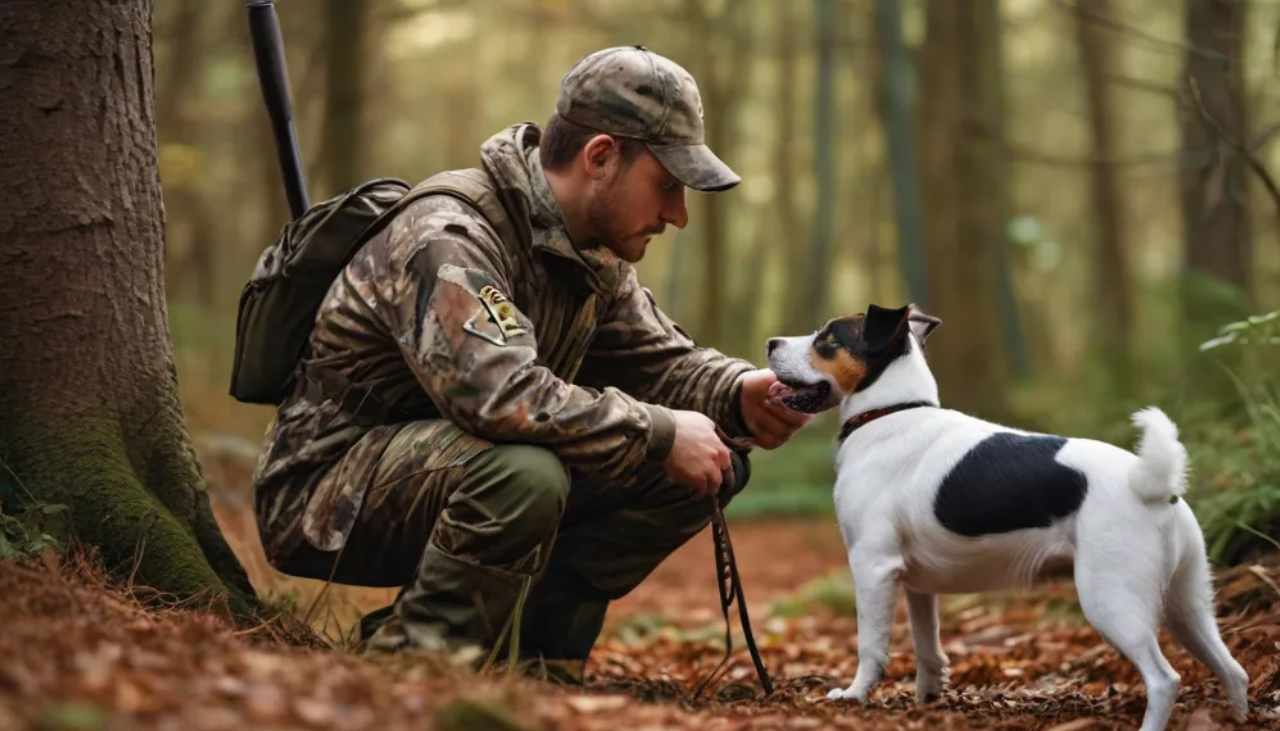 Hunter kneeling in forest with Jack Russell Terrier searching for squirrels.