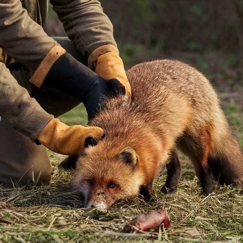 A hunter kneeling beside a fox, holding it by the paw