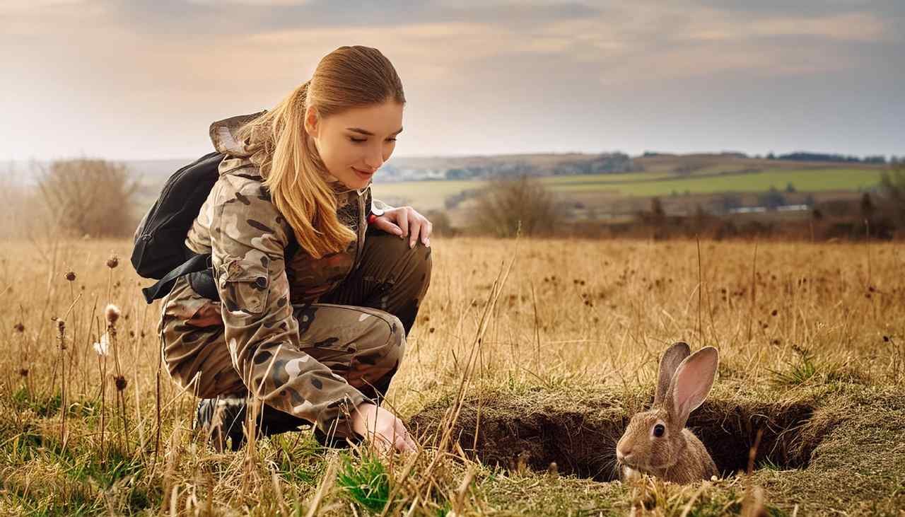 A hunter observes a rabbit in its natural habitat, practicing ethical hunting techniques