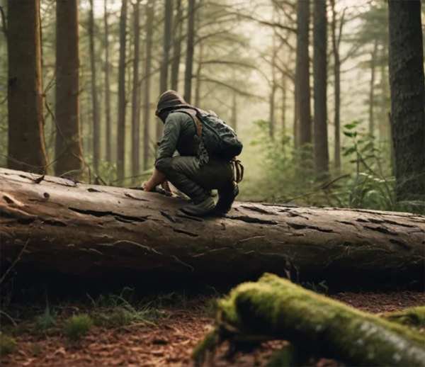 A hunter practicing stalking techniques during a fox hunt, emphasizing the importance of stealth and proper positioning