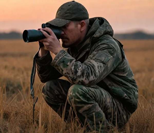 A hunter prepares for a fox hunt at dawn, dressed in camouflage and using binoculars to scan the field