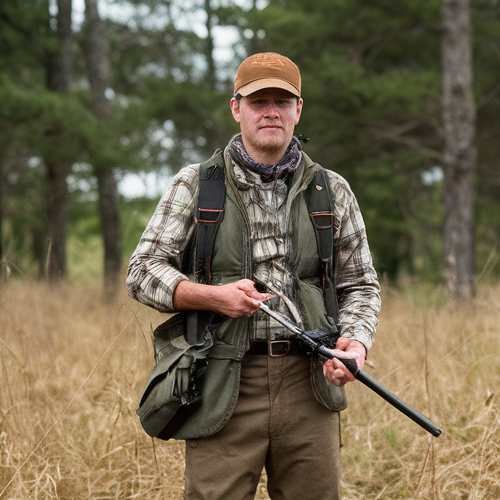 A hunter with essential fox hunting gear including clothing is a must