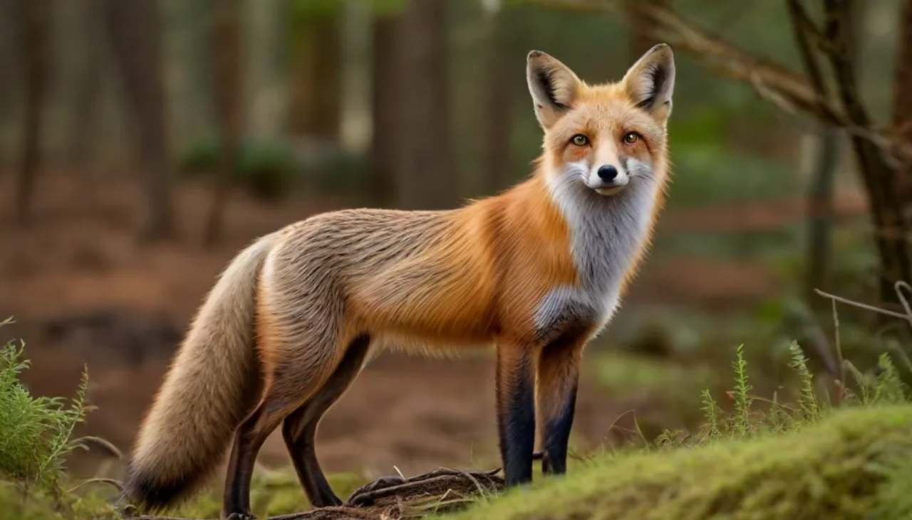 A red fox with a bright red coat and a bushy tail stands alert in a clearing surrounded by trees
