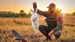 A successful snare rabbit hunter at dawn holding a rabbit, showcasing the technique in a natural setting