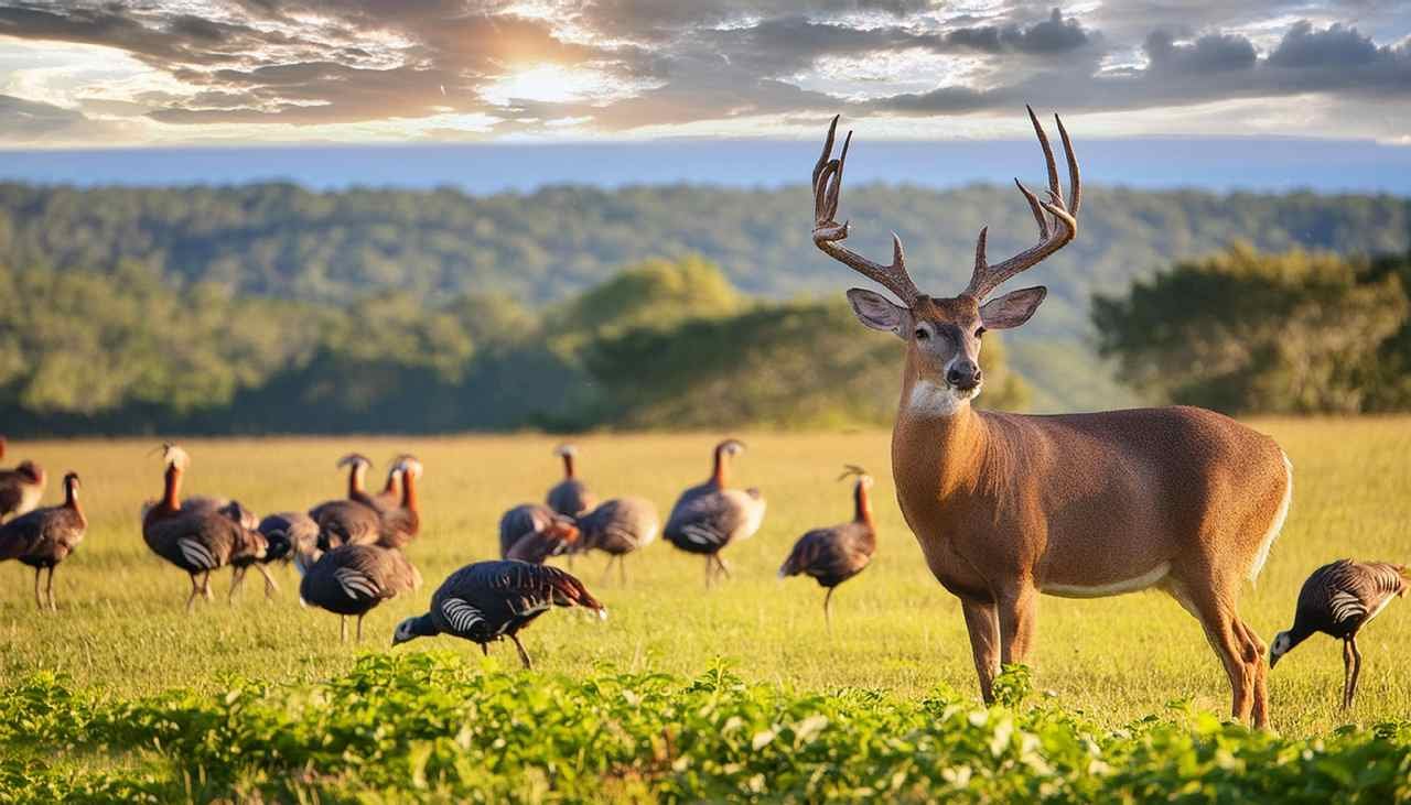 A whitetailed deer buck standing alert in a meadow with a flock of wild turkeys foraging in the background. Ocala National Forest, Florida are visible in the distance, representing the diverse hunting opportunities