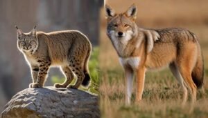 Bobcat and coyote in a field, facing away - explores their differences.