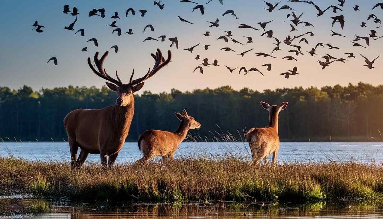 Deer and migratory birds in a misty Northern Lower Peninsula, Michigan forest at dawn during hunting season