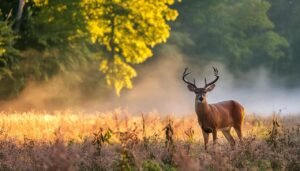 Deer buck standing alert in a field at dawn in Eastern Kentucky Forests during fall hunt