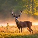 Deer buck standing alert in a field at dawn in Mark Twain National Forest, Missouri