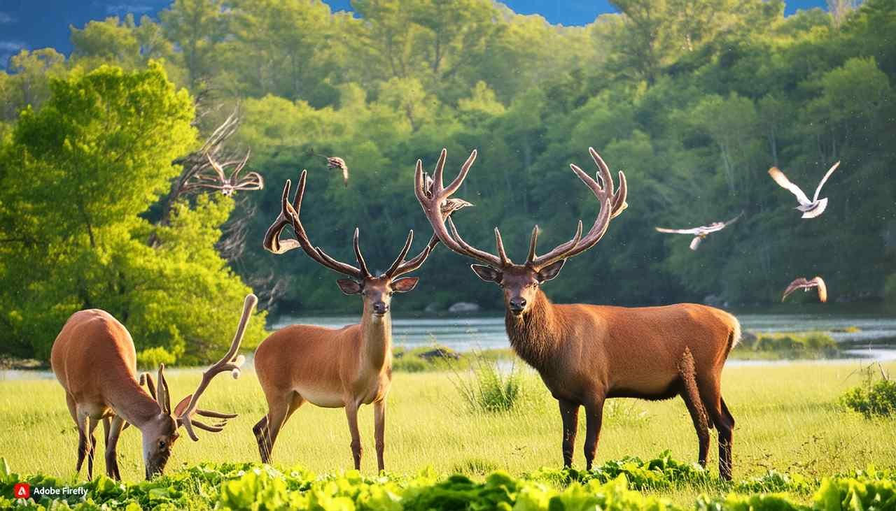 Deer grazing around the Illinois Cache River State Wildlife Area and couple of migratory birds are waiting to take off during the hunting season
