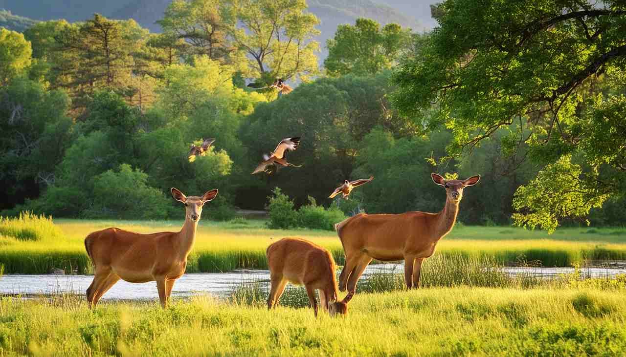 Kansas Wildlife Area deer feeding in beautiful woodland during hunting season