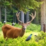 Mule deer with velvet antlers taking a break in green forest of Elko County Nevada