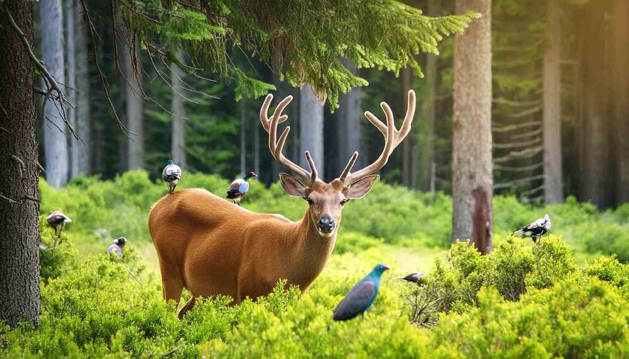Mule deer with velvet antlers taking a break in green forest of Elko County Nevada