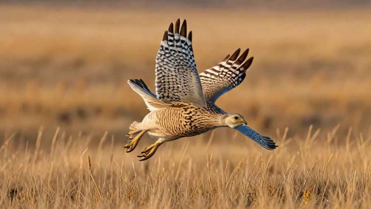 Sharp-tailed grouse bird in flight over a prairie landscape