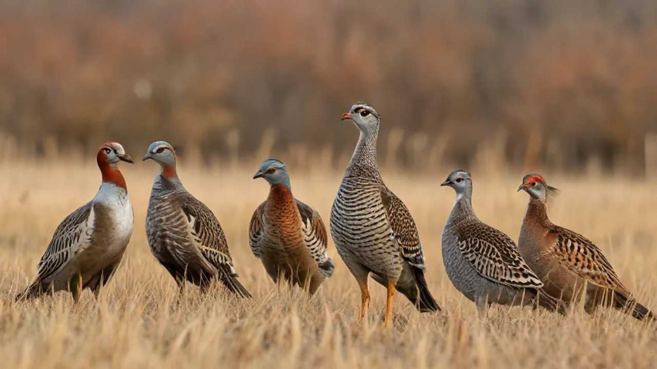 Various upland game birds in field