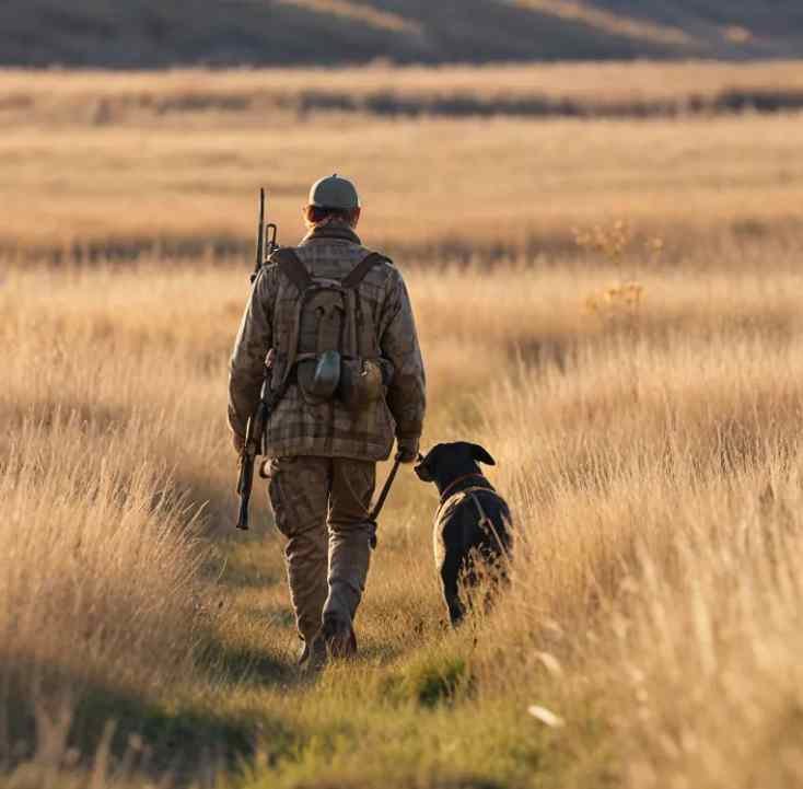 A quail hunter with a dog walking through a tallgrass prairie, a common quail hunting habitat in the Midwest
