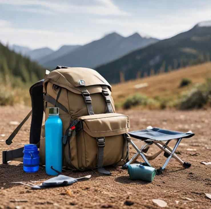 Backpack with hydration bladder pouch, folding chair, and compass laying open on the ground