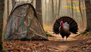 Camouflaged turkey hunter using a pop-up blind to conceal themselves while a tom turkey approaches in a spring forest