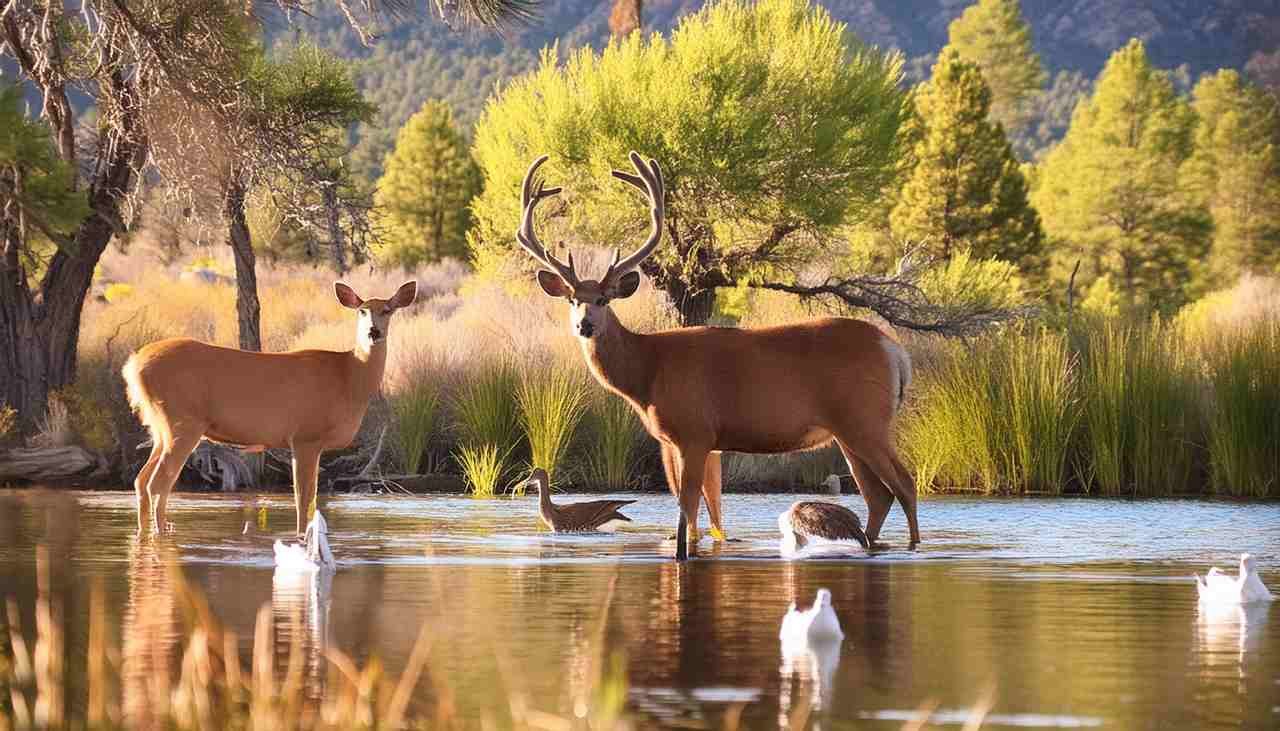 Deers in New Mexico Gila National Forest along with waterfowl birds