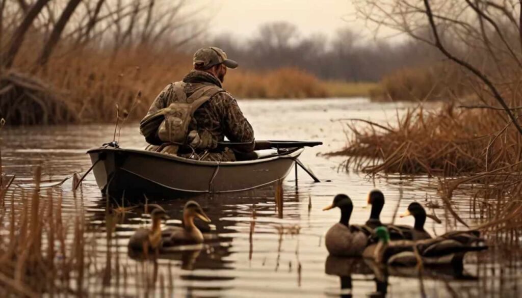 Duck hunter in a boat at sunrise, with duck decoys around