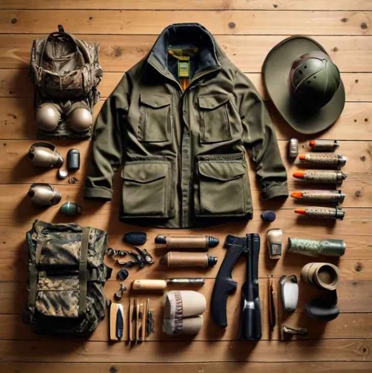 Essential duck hunting gear - shotgun, camouflage clothing, waders, decoys, and calls