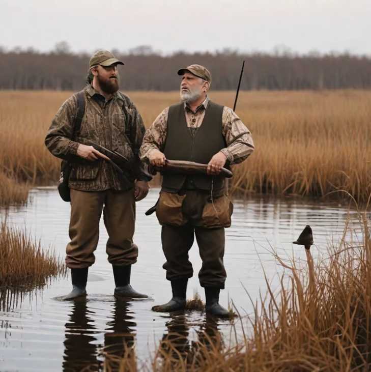 Experienced duck hunters celebrating a successful hunt with a retrieved duck
