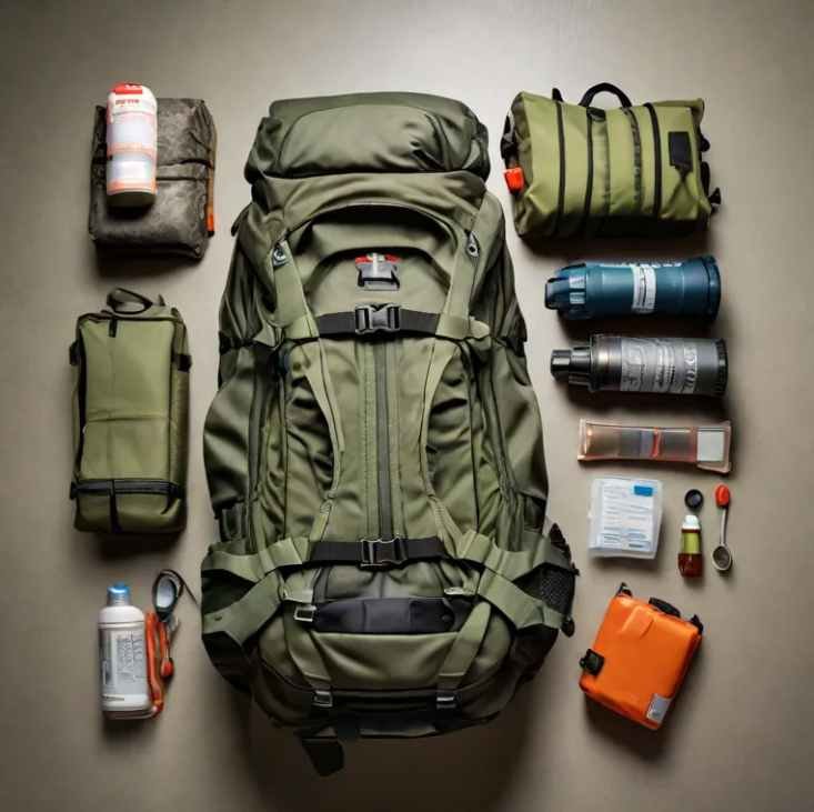 Hunting backpack with first-aid kit, life jacket, whistle, waterproof bag with clothes