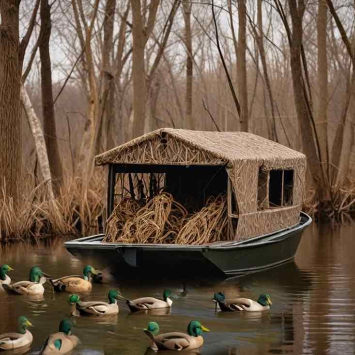 Layout boat with camo netting anchored in lake, surrounded by duck decoys