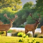 Majestic deers with antlers grazing around the White Mountain National Forest