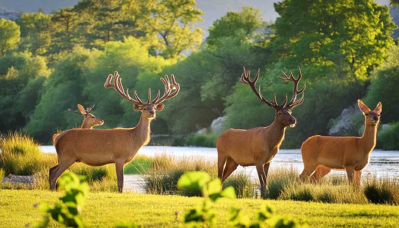 Majestic deers with antlers grazing around the White Mountain National Forest