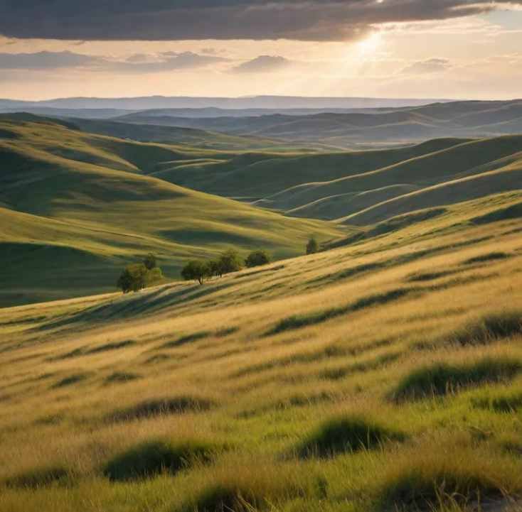 Public hunting land landscape with rolling hills and grasslands, suitable for quail hunting