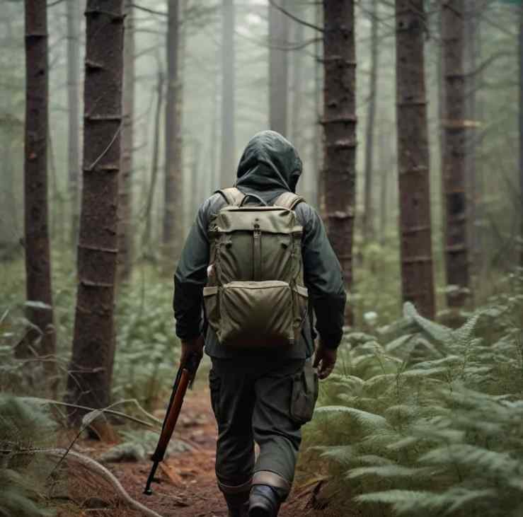 Turkey hunter walking through a forest carrying a backpack and shotgun