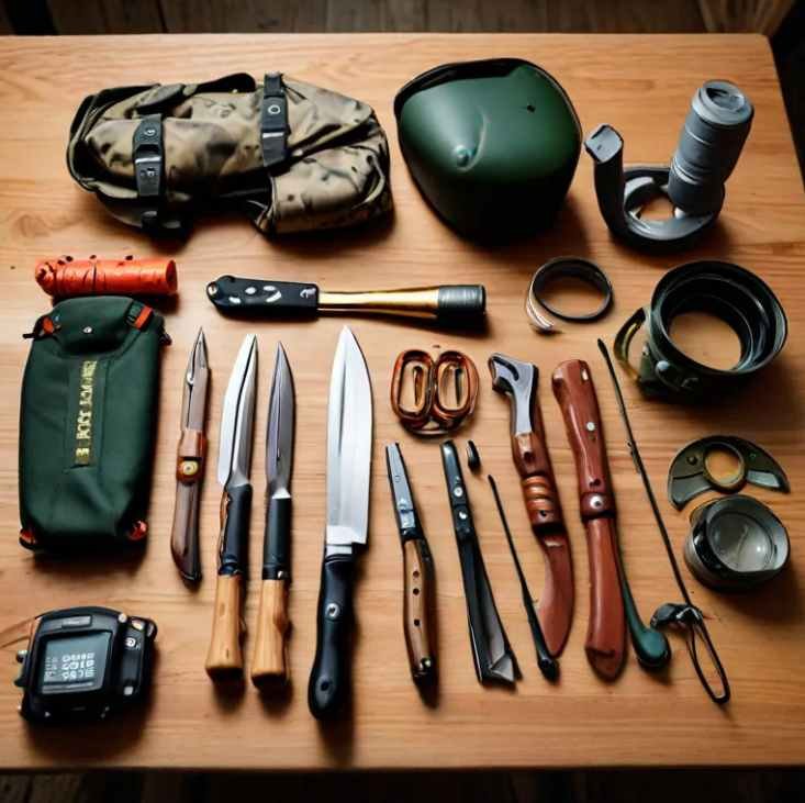 Wooden table with various duck hunting gear - knife, multi-tool, headlamp, lanyard with calls, wading staff