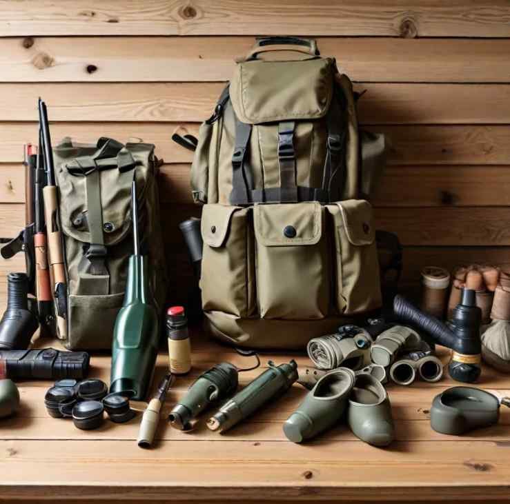 Essential turkey hunting gear displayed on a table, including shotgun, camouflage clothing, calls, binoculars, and backpack