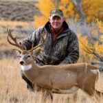 A scenic image of a hunter standing in middle of forest of Wyoming overlooking a vast landscape, with a majestic deer during the hunting season
