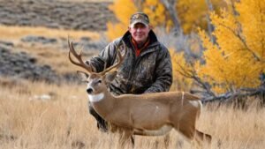 A scenic image of a hunter standing in middle of forest of Wyoming overlooking a vast landscape, with a majestic deer during the hunting season