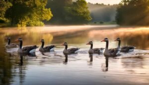 A serene lake with a group of geese of varying ages swimming peacefully at dawn