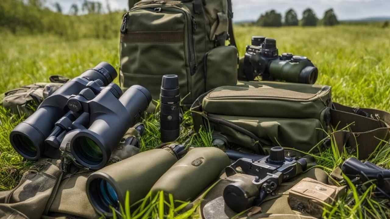 Binoculars on a camouflage backpack beside a shotgun, ammunition box, handheld radio, waders, and a geese decoy setup in a grassy field with trees and bushes in the background