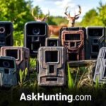 A collection of advanced trail cameras showcased in a natural outdoor setting, featuring various models with modern designs, camouflaged patterns, and high-tech features