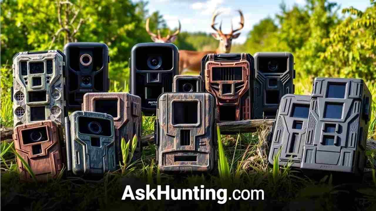 A collection of advanced trail cameras showcased in a natural outdoor setting, featuring various models with modern designs, camouflaged patterns, and high-tech features