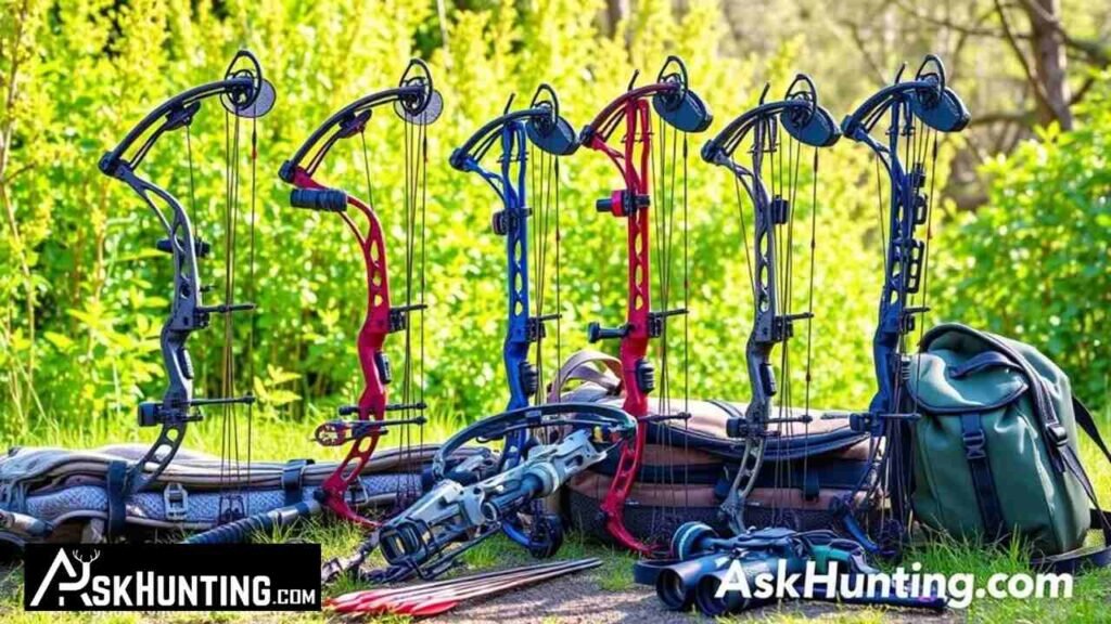 A collection of beginner-friendly compound bows displayed in a natural outdoor setting, showcasing various styles and colors