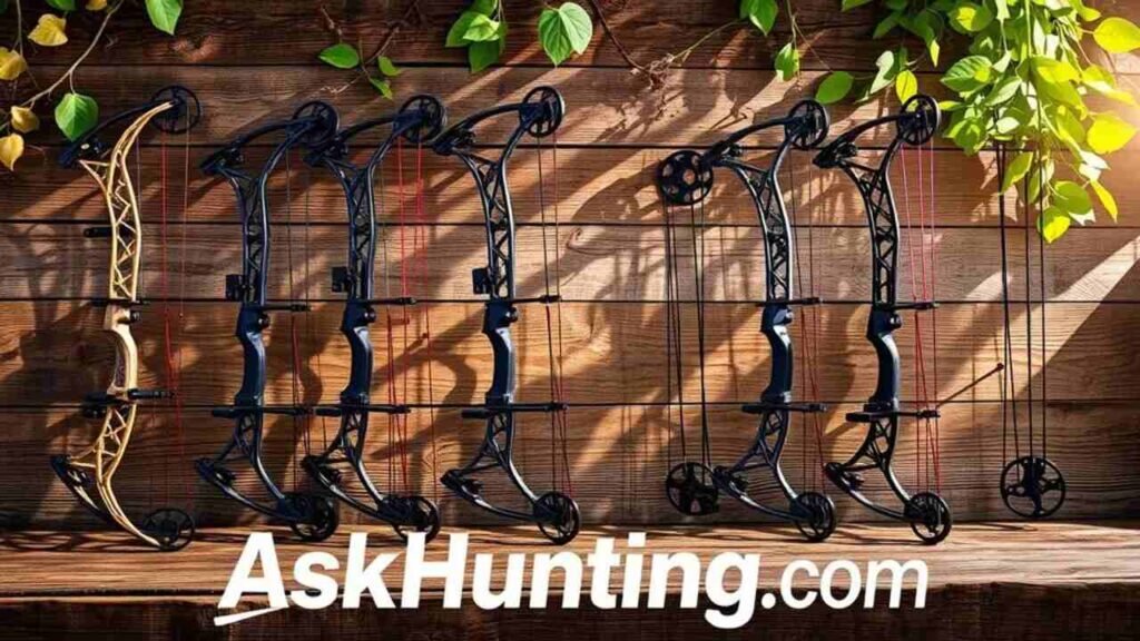 A vibrant, dynamic scene showcasing various high-quality compound bows arranged artistically