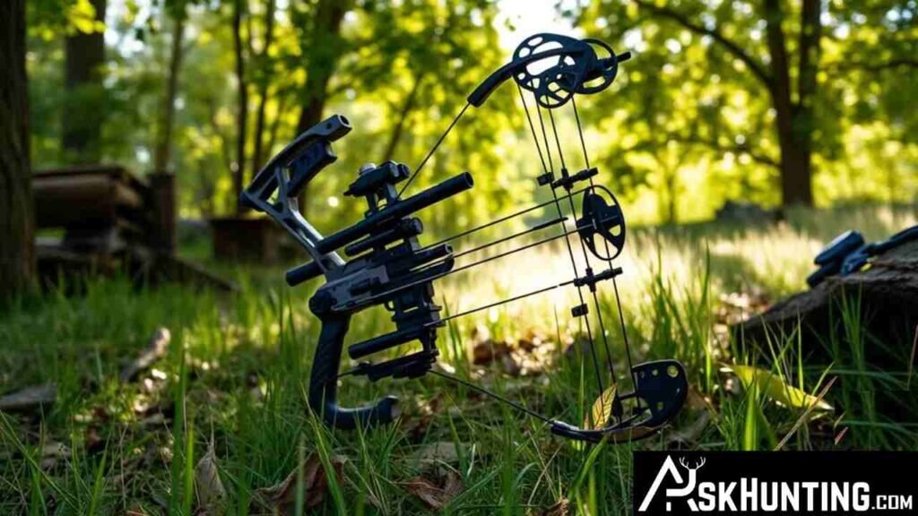 Beginner compound bow in a natural outdoor setting, showcasing its sleek design and adjustable features