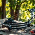 Beginner compound bow on a rustic wooden table, showcasing its sleek design and vibrant colors, surrounded by arrow accessories