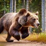 Grizzly bear running through a forest, showcasing its speed and agility