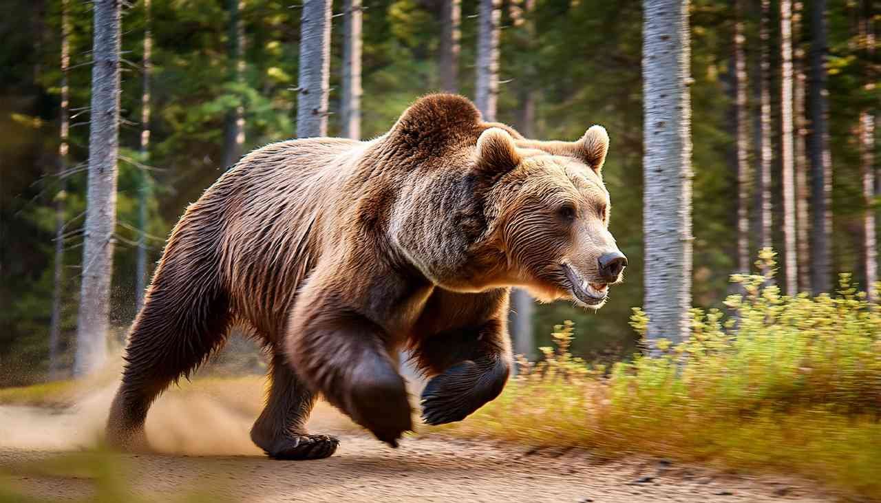 Grizzly bear running through a forest, showcasing its speed and agility
